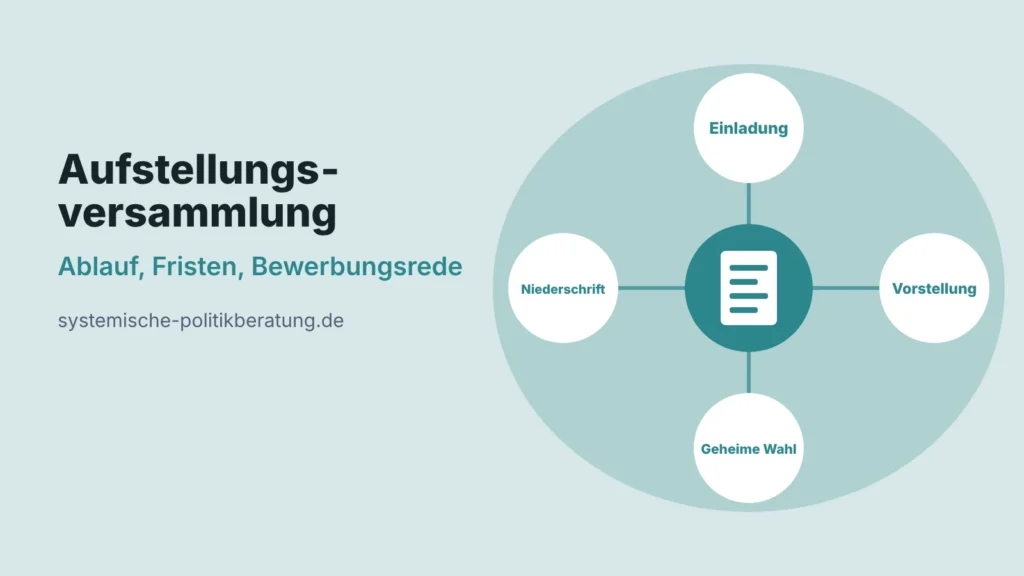 Titelbild Aufstellungsversammlung: Ablauf, Fristen, Bewerbungsrede. Vier Kreise mit den Stichworten Einladung, Vorstellung, Geheime Wahl und Niederschrift.