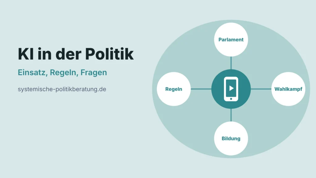 Beitragsbild: KI in der Politik, Einsatz, Regeln, Fragen. Ein Smartphone-Symbol, umgeben von vier Kreisen mit den Wörtern Parlament, Wahlkampf, Bildung und Regeln.