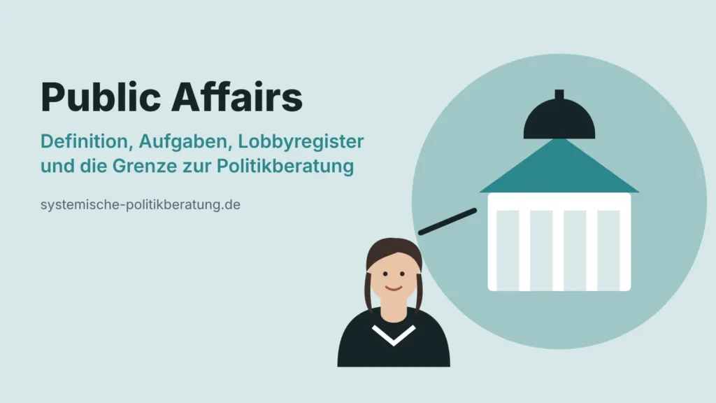 Illustration: Figur vor Parlamentsgebäude mit dem Titel Public Affairs: Definition, Aufgaben, Lobbyregister und die Grenze zur Politikberatung