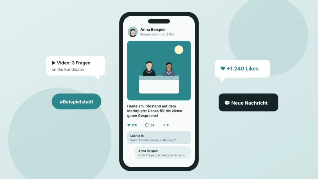Illustration: Smartphone mit Social-Media-Beitrag einer fiktiven Kandidatin