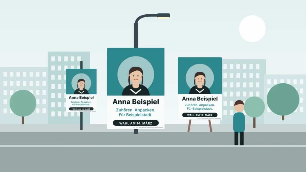 Illustration: Wahlplakate einer fiktiven Bürgermeisterkandidatin an einer Straße